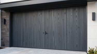 Ultra-premium wood-grain metal Lux panels installed on a contemporary home entrance.