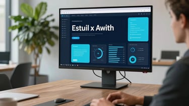 A lifestyle shot of a modern office meeting room in New York City. A large monitor displays a professional interface with dark navy and cyan blue elements. The room is decorated with minimalist furniture and a large green plant, conveying growth and tech excellence.