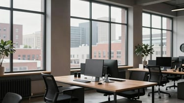 An interior shot of a tech-focused workspace in a North American loft. Large windows show an urban landscape. Inside, the furniture is minimalist and high-quality, reflecting a commitment to crafted digital solutions and a modern, innovative mood.