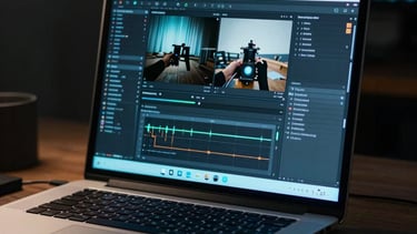 A cinematic shot of a laptop screen in a dark room. The screen illuminates a modern workspace with a soft cyan glow. The image focuses on the meticulous craft of digital design, showing sharp lines and high-contrast visuals.