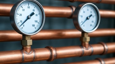 Macro close-up of neatly aligned copper gas pipes with clean welds, technical pressure gauges showing correct levels, bright natural work-light, 50mm focus