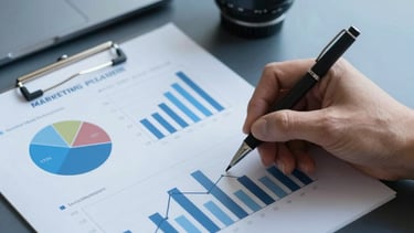A professional marketing planner with charts and graphs about social media engagement on a clean desk, dark blue and light blue palette.