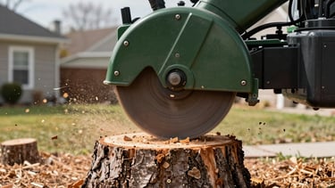 A close-up, professional photograph of a powerful stump grinding machine's cutting wheel spinning into a large oak tree stump. Wood chips and sawdust are flying through the air. The setting is a clean North American residential yard during the day. The machine's body is a combination of dark green and industrial black. High-quality lighting highlights the texture of the bark and fresh mulch.