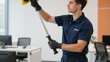 A professional cleaning expert in a navy blue uniform, using high-quality equipment to clean a modern, bright office space in Hillegom. The environment is airy and professional, with clean lines and soft orange light accents, in a Northern European setting.