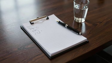 Overhead close study of a polished conference table — a legal notepad with precise handwritten notes, a capped fountain pen resting beside it, a half-filled glass of water at the frame edge, controlled diffused window light from the left, deep neutral shadows, no people