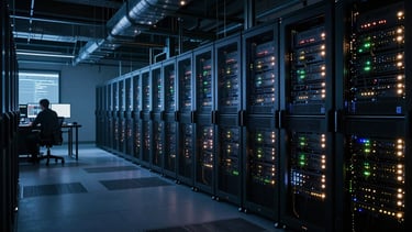 Wide panoramic shot of a network operations center at night — rows of server racks with blinking status lights receding into depth, a technician's silhouette at a monitoring workstation in the left third, cool blue ambient light from screens, dark industrial ceiling above