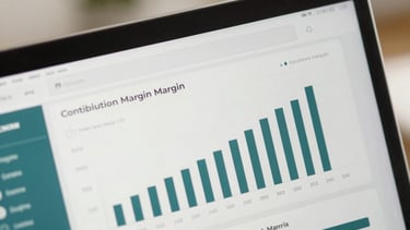 Macro shot of a clean, minimalist e-commerce dashboard showing contribution margin and conversion metrics with deep teal accents, bright natural daylight.