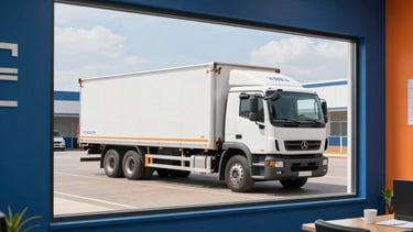 A professional and modern logistics office interior in Gaborone, Southern African / Batswana. Through a large clean window, a white heavy-duty freight truck is parked outside. The office decor features deep blue walls and orange accents, conveying an authoritative and corporate industry atmosphere.