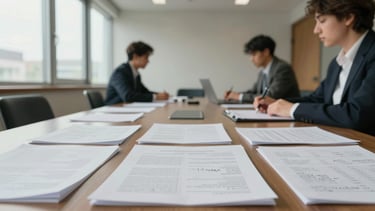 Wide panoramic view of a meeting room, two people seated across a table covered in printed financial worksheets and handwritten notes, natural daylight from tall windows on the left, desaturated warm tones, no faces in focus, documents sharp in foreground