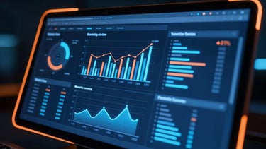 Dramatic low-key shot of a digital marketing campaign dashboard, glowing analytics graphs, electric blue and orange neon rim lights, sharp focus, 35mm lens.