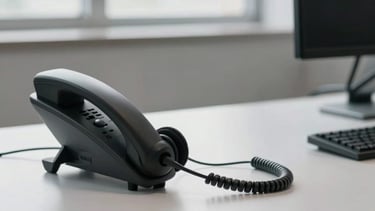 A professional South American / Brazilian office environment. A modern, minimalist workstation with a sleek telephone headset and an organized desk. Soft, bright natural light coming through a window. The style is clean and professional, using light gray and slate tones.
