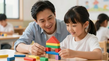 A close-up of a mentor guiding a young student through a colorful wooden building block project in a bright community center, warm daylight