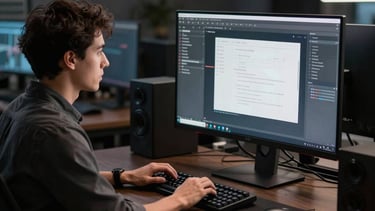 A professional developer in a modern, dark-themed office using a mechanical keyboard and looking at a large high-resolution display. North American / International.