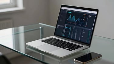 A minimalist office setting with a glass desk and a sleek silver laptop showing a data visualization dashboard. Soft lighting, North American / International business context.
