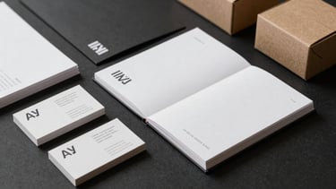 Wide flat-lay of stacked finished printed materials — business cards, folded brochures, and packaged boxes arranged at a slight angle on a matte black surface, shot under bright even studio light, colour-accurate, close detail of paper edges and registration marks visible