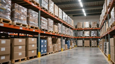 Wide shot of organized warehouse metal shelving stacked with labeled product boxes in a distribution center, bright even LED overhead lighting, slightly left-of-center framing with generous empty right side, no people, documentary style