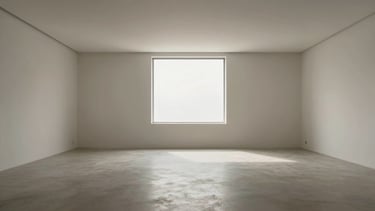 Wide panoramic of a minimalist, empty architectural space with a single window, soft diffused daylight, and clean structural lines. Off-center subject, low horizon.