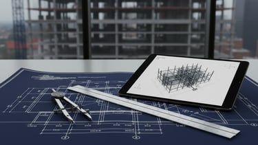 Creed Advisory Construction blueprint with digital structural model on a tablet,