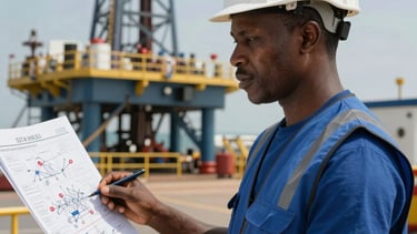 A professional photography shot of a West African petroleum expert in a high-visibility slate blue vest and white safety helmet, looking confidently at a offshore drilling schematic. The background shows a clean, modern industrial facility with gold and deep blue structural accents under the clear daylight of West Africa.