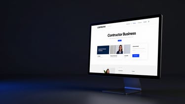 Wide panoramic dark-studio shot of a large monitor displaying a clean contractor business website — bold headline, service cards, and a contact form visible on screen — electric blue accent lighting from the left, sharp editorial framing, high-contrast modern tones, generous negative space to the left of the screen