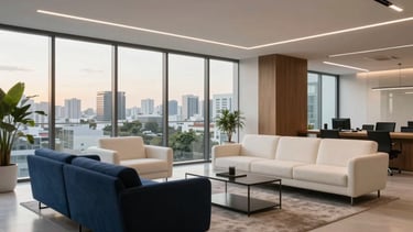 A high-end, modern corporate office lounge in São Paulo, Brazil. The space features sophisticated navy blue and off-white furniture, clean architectural lines, and large glass windows with soft afternoon sunlight. The atmosphere is professional, quiet, and innovative, representing Brazilian business excellence.