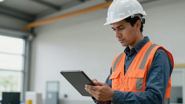 A medium shot of a professional South American male engineer in a modern industrial setting in Bogotá. He wears a white safety helmet and a vest with industrial blue and safety orange accents, holding a digital tablet while looking at a technical site plan. The background is clean and professional with soft daylight.