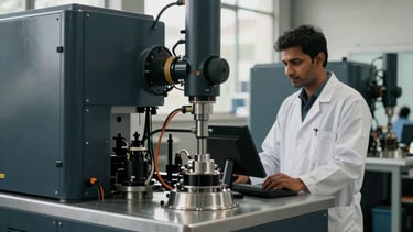 Professional photography of a modern industrial facility interior in Pune, India. The scene features high-tech machinery in charcoal and silver tones, with soft natural light coming from large windows. A South Asian / Indian engineer in a white lab coat is blurred in the background, focusing on a workstation. The overall mood is sophisticated and precise, using a palette of dark navy and white smoke.