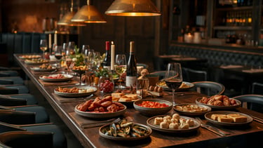 A long wooden dining table set with various gourmet appetizers, wine bottles, and glasses in a dimly lit restaurant.