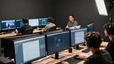A wide shot of a professional live-streaming setup with multiple monitors and a crew member working in a dark, sophisticated studio environment. Professional storytelling.