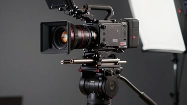 A high-end, professional cinematography setup in a modern South American studio in Brazil. A cinema camera with a matte box and follow focus is mounted on a carbon fiber tripod. The lighting is sophisticated with soft white and subtle red glow accents reflecting off dark grey surfaces. Shallow depth of field focusing on the lens glass.