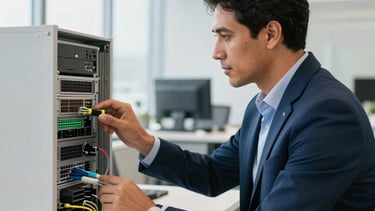 A professional South American Brazilian telecommunications engineer in a bright, modern corporate office. They are inspecting high-tech networking hardware. The scene features soft, natural daylight, reflecting a trustworthy and innovative business atmosphere. The color palette emphasizes white and dark blue tones.