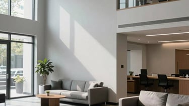 Clean, modern North American office lobby with light grey walls and accessible design. Soft natural light illuminates a professional environment with comfortable seating, emphasizing a hopeful and sophisticated atmosphere for employment seekers. High-quality architectural photography style.
