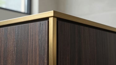 Extreme close-up of a flawless material transition between dark oak cladding and a brushed brass structural line, bright natural daylight, sharp focus, macro architectural photography