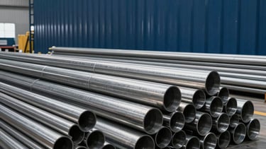 A professional wide-angle photograph of a clean, modern industrial warehouse in Brazil. Foreground features organized stacks of high-grade stainless steel pipes and polished metal sheets. Soft, dramatic lighting reflects off the metallic surfaces. The color palette emphasizes deep navy blue and slate grey tones, conveying a premium industrial atmosphere.