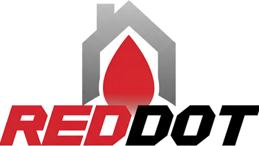 Red Dot logo featuring a red flame icon inside a grey house symbol.