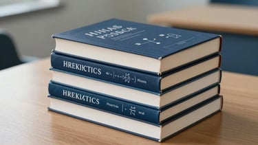 A professional, minimalist photography of a stack of high-quality physics and mathematics textbooks on a clean wooden desk in a South Asian academic setting. The books have deep navy and off-white covers with sober, precise typography. Soft, natural morning light creates a trustworthy and intellectual atmosphere. The palette features slate blue and light blue-grey tones.