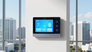 Professional architectural photography of a minimalist North American / US (Miami) interior. In the center, a slim, touch-screen smart thermostat glows with a soft light blue and cyan light. Through the large window, the urban Miami skyline is visible under a clear daylight sky. The color palette is dominated by whites, light sky blue, and deep midnight blue accents.