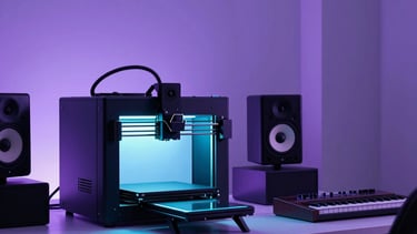 A high-end minimalist Dutch design studio at night with subtle violet and cyan neon lighting. In the background, a professional 3D printer is active next to music production monitors and a synthesizer. The atmosphere is sophisticated and clean, European style.