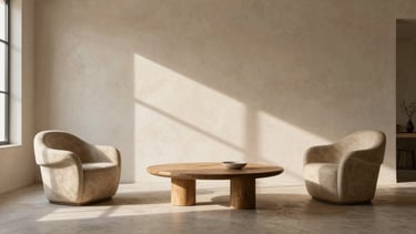 Wide environmental interior shot of a minimalist living room with a limewash wall, soft natural window light casting long architectural shadows, sculptural furniture, warm organic materials.