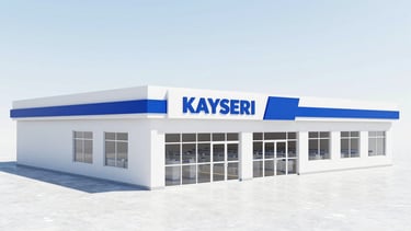 Wide aerial shot of a modern, clean dry cleaning facility in Kayseri, Turkey, with clear signage and accessible entrance, bright daylight, high-key, sharp focus.