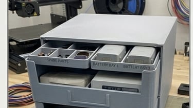 Custom 3D printed drone storage enclosure featuring organized drawers for spare parts and battery ba