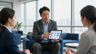 A high-end, professional North American office interior with large windows and a clean tech-inspired aesthetic. A professional mentor is demonstrating career path data on a sleek tablet to an engaged client. The scene is lit with bright, natural daylight and features accents of navy blue and steel blue furniture.