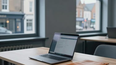 Professional photography of a minimalist, modern accounting office in Guildford. A clean wooden desk is centered, featuring a sleek laptop and a tan leather folder. In the background, large windows overlook a traditional Northern European street. The scene is bathed in soft, natural morning light, emphasizing a steel blue and light grey color palette with subtle gold accents.