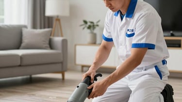 A high-resolution photograph of a professional restoration technician in a crisp uniform with ocean blue accents, using an industrial drying blower in a modern Miami living room. The scene is bright and professional, showing a restored floor. South Florida / US setting.