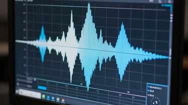 Close-up photography of a high-resolution display showing a spectral frequency analyzer in a dark studio. Cool colors like ice white and steel blue.