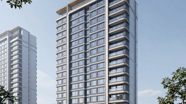 Construction site showing workers and modern building structures