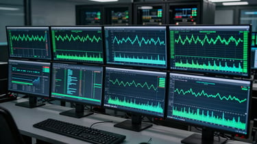 Wide shot of multiple monitor screens in a dimly lit server operations room displaying real-time uptime graphs and network throughput charts, lines of green and cyan data on dark dashboards, hard key-light illuminating the screens from the front, no faces visible, photographic documentary style