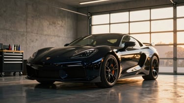 Dramatic low-angle shot of a pristine black sports car parked inside a modern, minimalist concrete garage in Utah. Warm golden hour light streams through high windows, highlighting the deep liquid reflections on the hood. Clean, organized tool racks and detailing bottles are visible in the soft-focus background, 85mm.