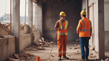 Consultant conducting a detailed risk assessment on a busy Middle Eastern construction site