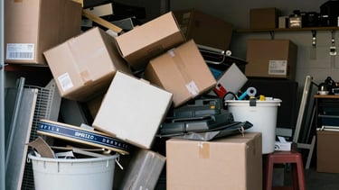 Friendly crew loading junk into a truck outside a cozy home.